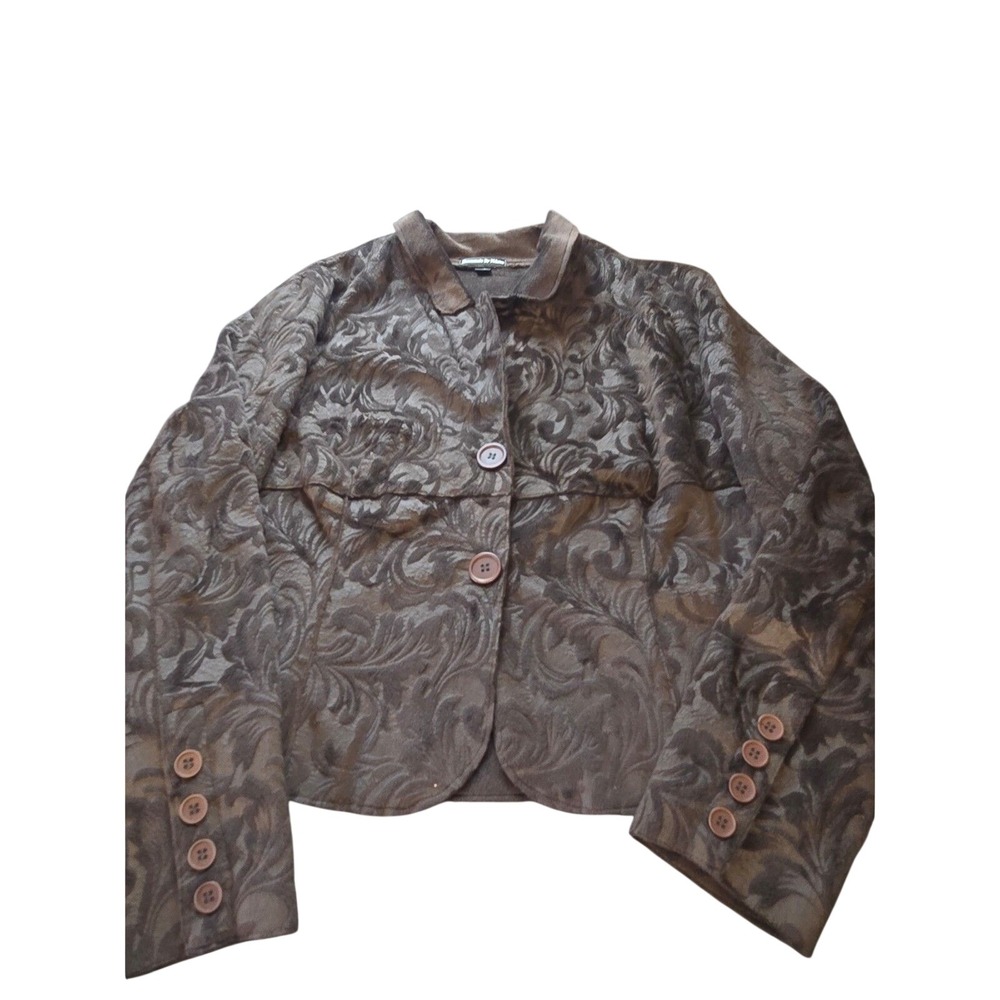 Essentials By Milano Womens XL Jacket Brown Damask Faux Suede Fur Lined Ornate